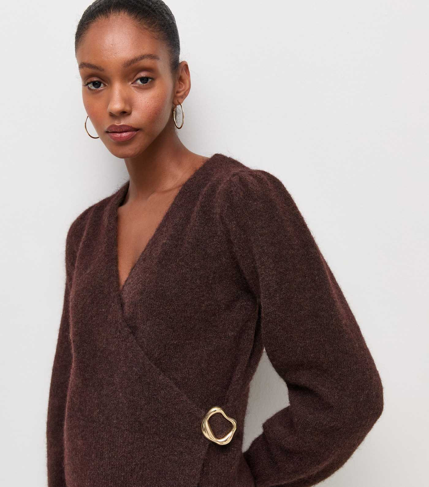 Dark Brown Knitted Buckle Wrap Jumper with Wool | New Look | New Look (UK)