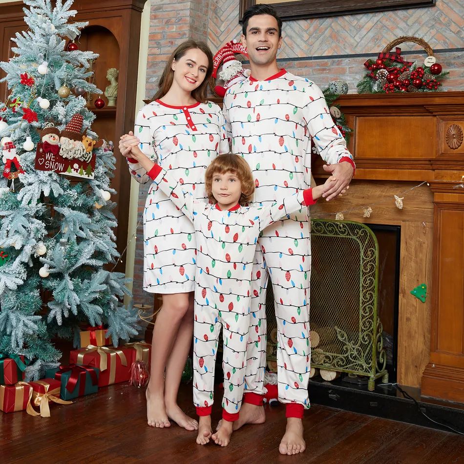 Christmas Allover Lantern Print Splice Long-sleeve Family Matching White Onesies Pajamas Set(Flam... | PatPat