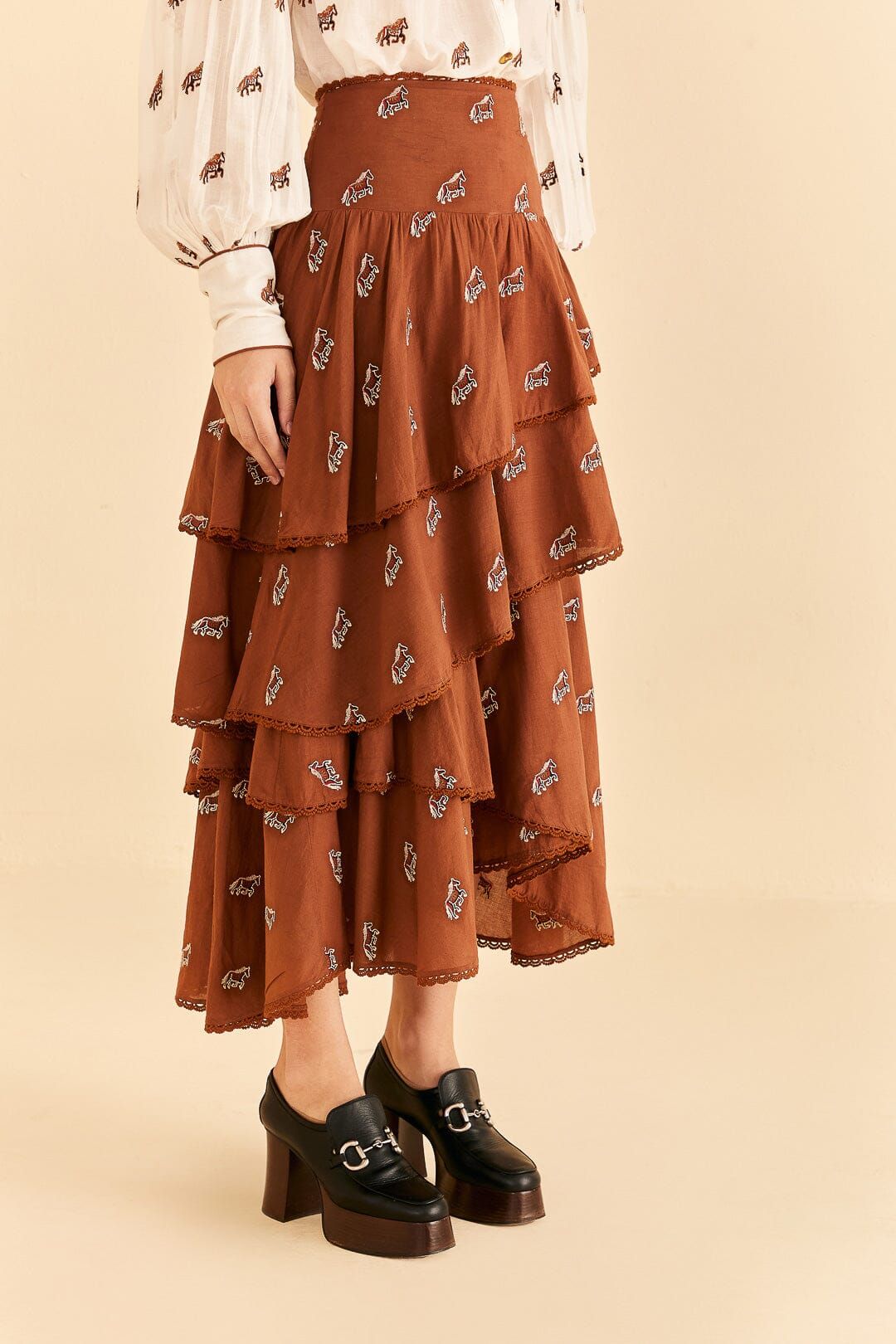 caramel embroidered horses layered maxi skirt | FarmRio