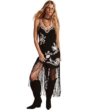 Nasty Gal Women's Hand Embroidered Scallop Tassel Hem Mini Dress | Amazon (US)