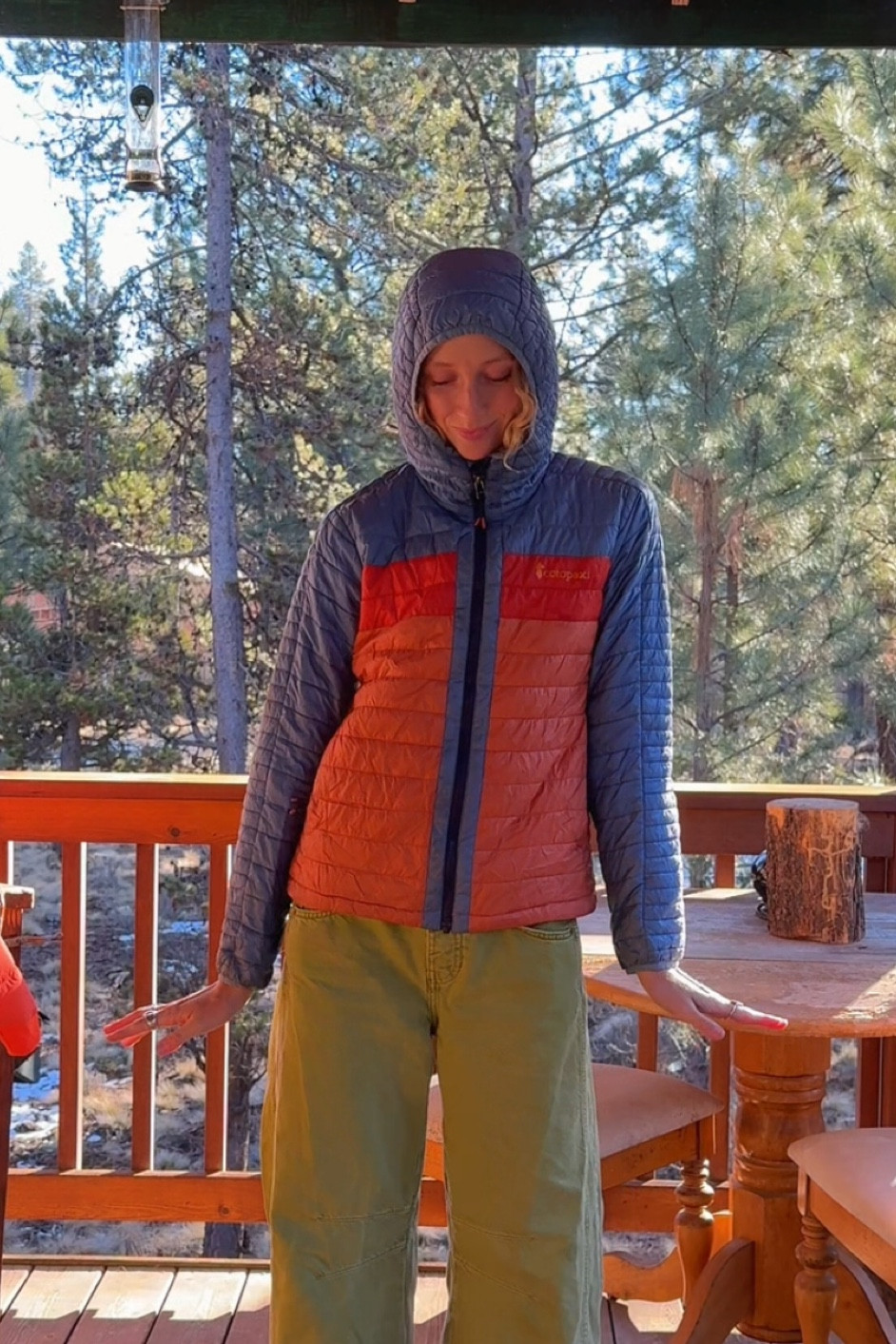 This jacket has been around for a longgggg time. Cotopaxi fuego down hooded jacket. Such a great layer when it comes to layering. 800 fill down and she is warm!! 