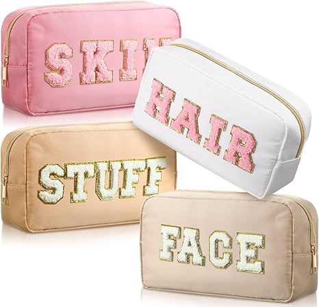 Remerry 4 Pcs Nylon Cosmetic Bag Travel Organizer Chenille Letter Makeup Pouch Zipper Preppy Wate... | Amazon (US)