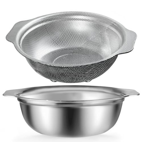 POPGRADE Stainless Steel Colander with Handle, 3.5QT Rice Washing Strainer with Mixing Bowl for Kitchen, Rice Strainer Bowl Set for Pasta Vegetables Fruits, Dishwasher Safe(2PC) | Amazon (US)