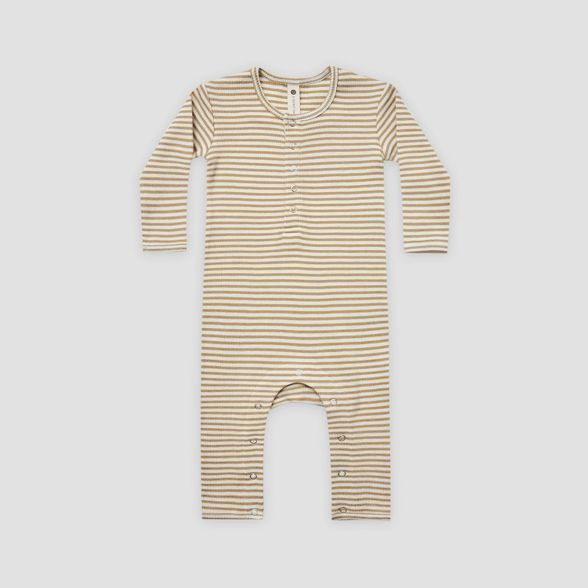 Q by Quincy Mae Baby Striped Rib Long Sleeve Romper - Ivory/Honey Yellow | Target