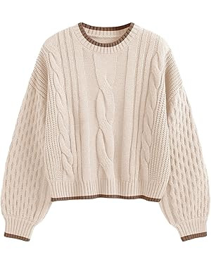 ZAFUL Knit Cable Sweater Crew Neck Knitted Tops | Amazon (US)
