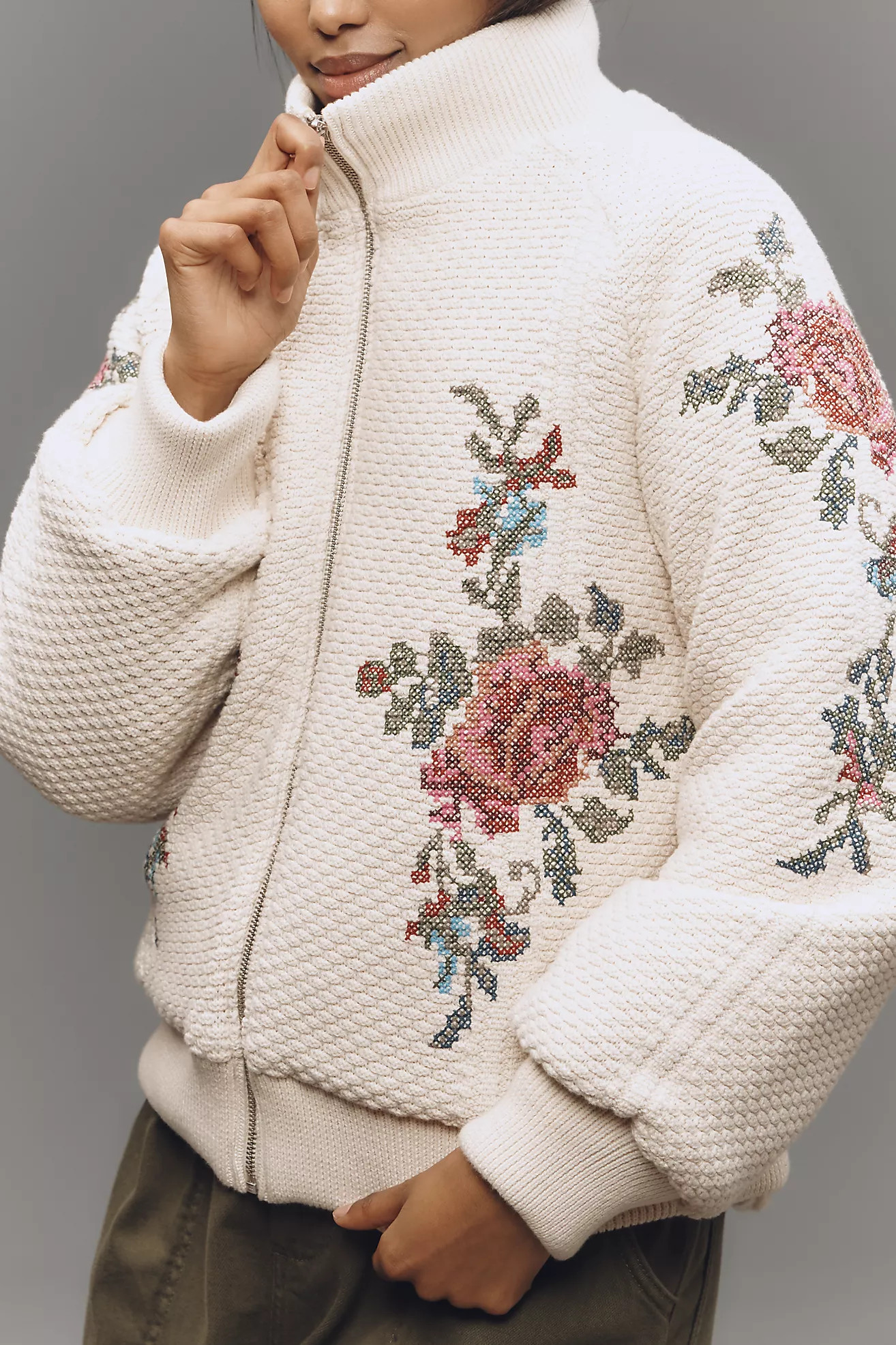 By Anthropologie Embroidered Bomber Cardigan Sweater | Anthropologie (US)