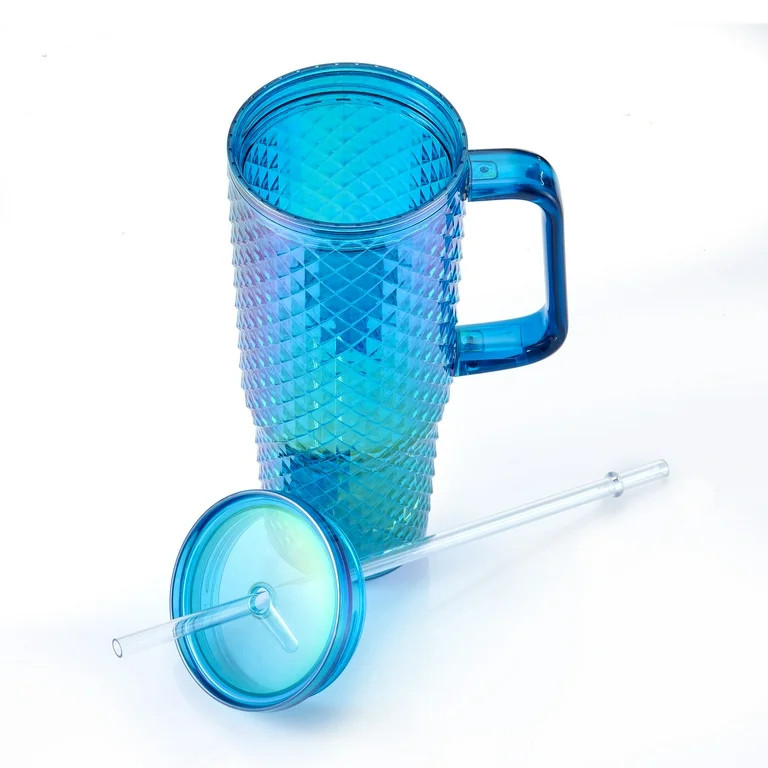 Mainstays 30oz Textured Tumbler with Straw and Handle, Diamond Iridescent Blue, 30oz, Plastic Dou... | Walmart (US)
