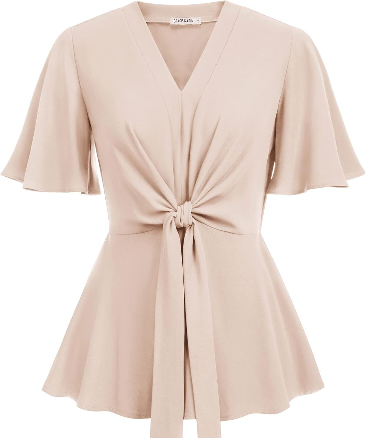 GRACE KARIN Women's Elegant V-Neck Tie Waist Flowy Peplum Shirt Tops | Amazon (US)