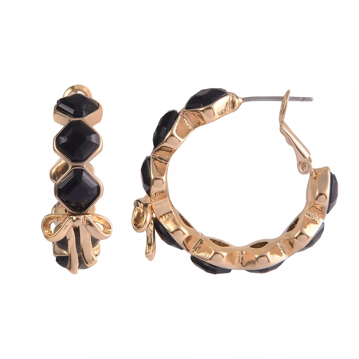 Emberly Gold Tone Black Stone Bow Hoop Earrings | Kohl's