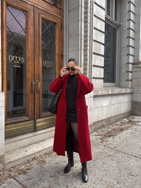 Fall or winter outfit inspiration! Details below:
-Banana Republic red long bouclé 100% wool coat. I have a medium. 
-Madewell black pinstripe mini skirt. It fits big, so I sized down to a 6. 
-Grey knit mockneck top, similar linked. 
-Madewell knee high black leather boots, fit true to size. 
-Madewell black leather shoulder tote bag. 
-H&M black tights, I have a large. 
-Celine Triomphe 52mm sunglasses in black acetate. 


#LTKSpringSale #LTKstyletip #LTKSeasonal