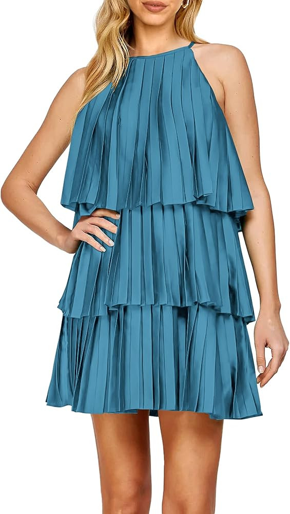 MASCOMODA Summer Dresses for Women 2023 Halter Mini Dress Ruffle Tiered Swing Pleated Party Cockt... | Amazon (US)