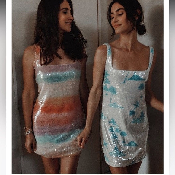 NWT Gianni Bini
x DANNIJO Twiggy Sequin Palm Tree Printed Square Neck Dress | Poshmark