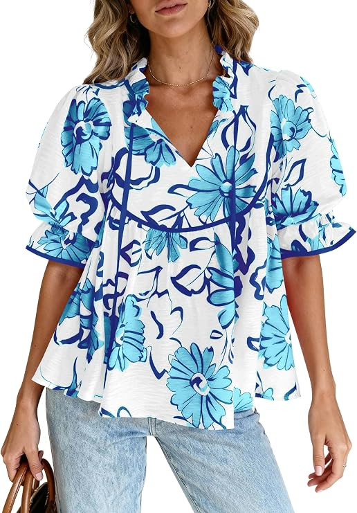 PRETTYGARDEN Womens Boho Floral Babydoll Tunic Tops | Summer Cute Puff Sleeve Ruffle V Neck T-Shi... | Amazon (US)