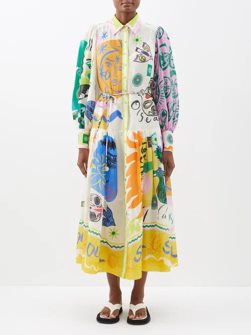 Alémais - Soleil Printed-ramie Midi Shirt Dress - Womens - Ivory Multi | Matches (US)