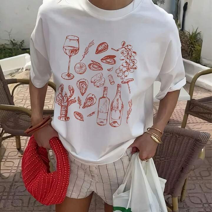 Wo Retro Style Italian Seafood Print T-Shirt Vintage Aesthetic Oyster Lobster Cute Foodie Shirt Loose Vacation Tops | SHEIN