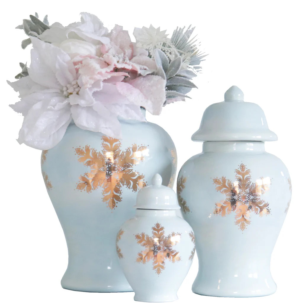 Hydrangea Light Blue Snowflake Ginger Jar with 22K Gold Accents | Lo Home by Lauren Haskell Designs