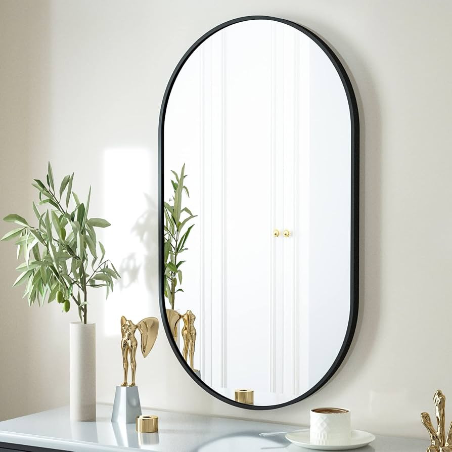 HARRITPURE 17" x 30"Oval Bathroom Mirror Wall Mounted Chic Brushed Metal Frame Hang Vertically & ... | Amazon (US)