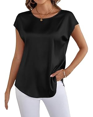 Dokotoo Womens Silk Satin Tops Short Sleeve Shirts Crewneck Back Lace Tshirts Casual Dressy Blous... | Amazon (US)