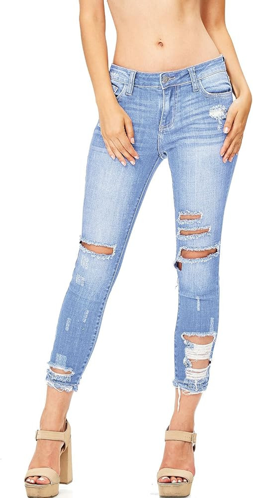 Women's Juniors Mid Rise Distressed Skinny Jeans | Amazon (US)