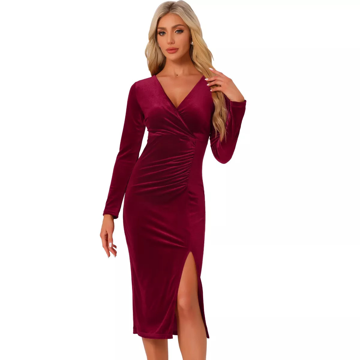 INSPIRE CHIC Women's V Neck Velvet Ruched Split Cocktail Evening Wrap Dress Dark Red X-Large | Target