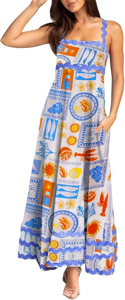 NUFIWI Women Boho Graffiti Cami Long Dress Graphic Spaghetti Strap Flowy Maxi Dress Square Neck C... | Amazon (US)