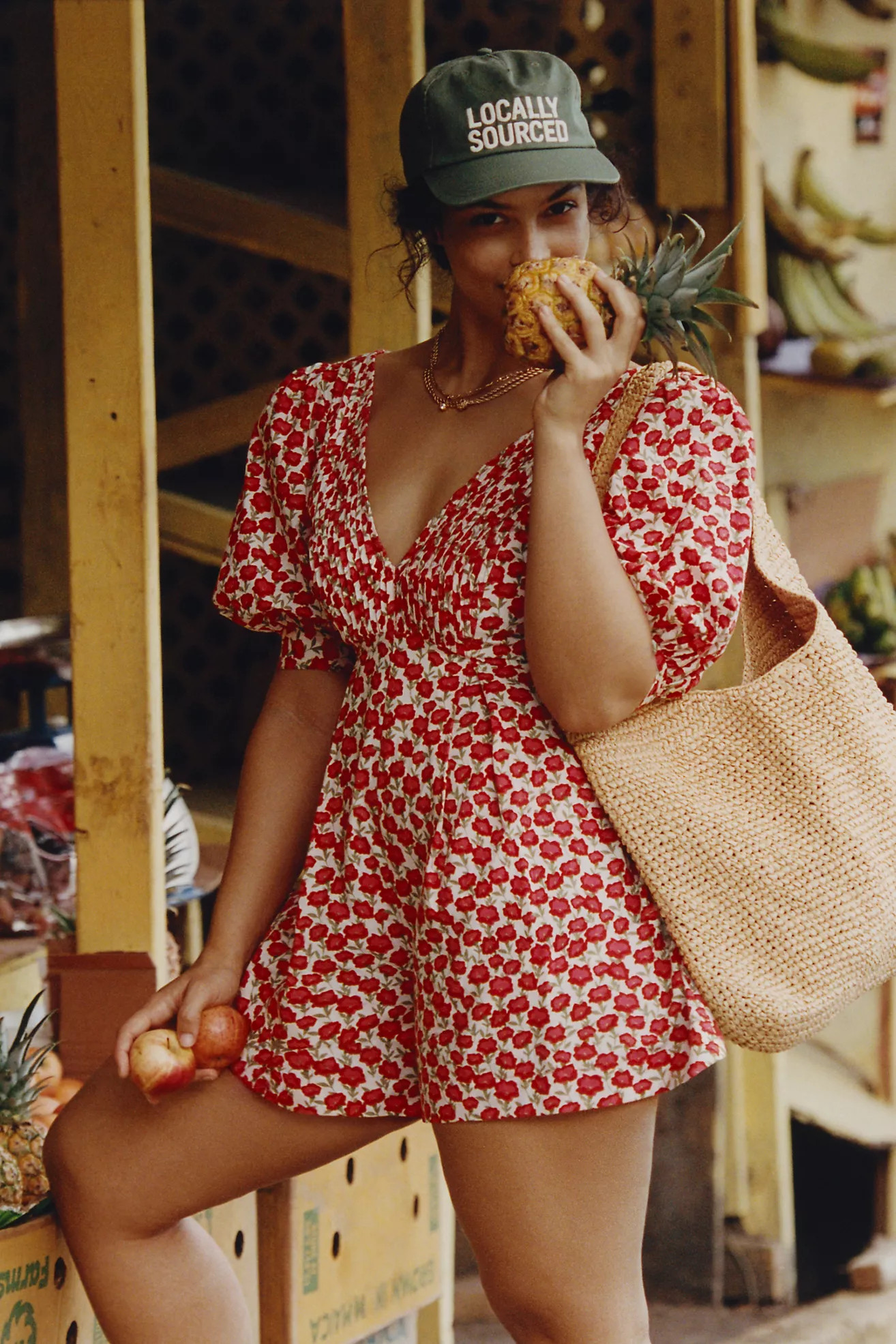 Maeve Puff-Sleeve V-Neck Pintuck Romper | Anthropologie (US)