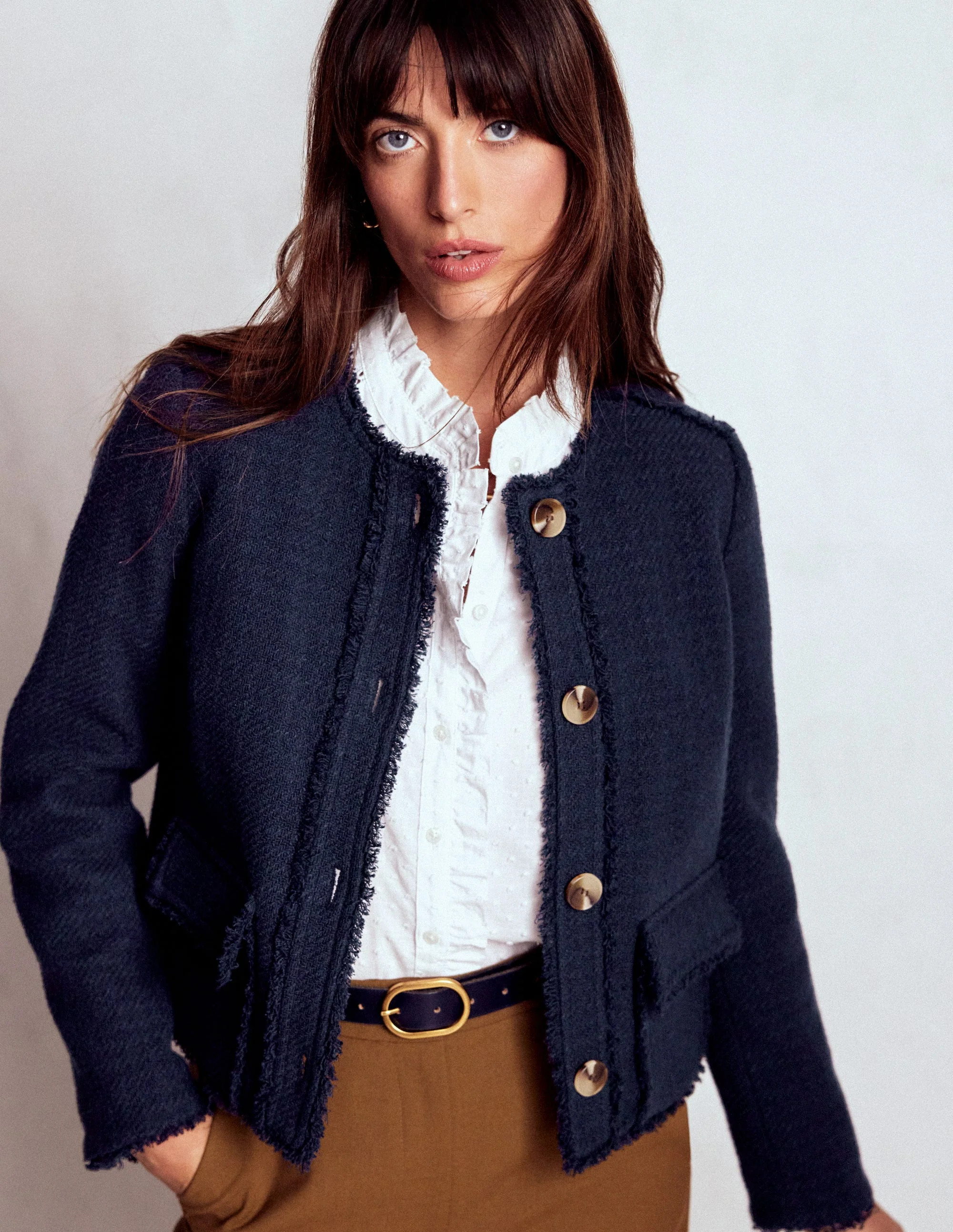 Collarless Textured Jacket-Navy | Boden (US)