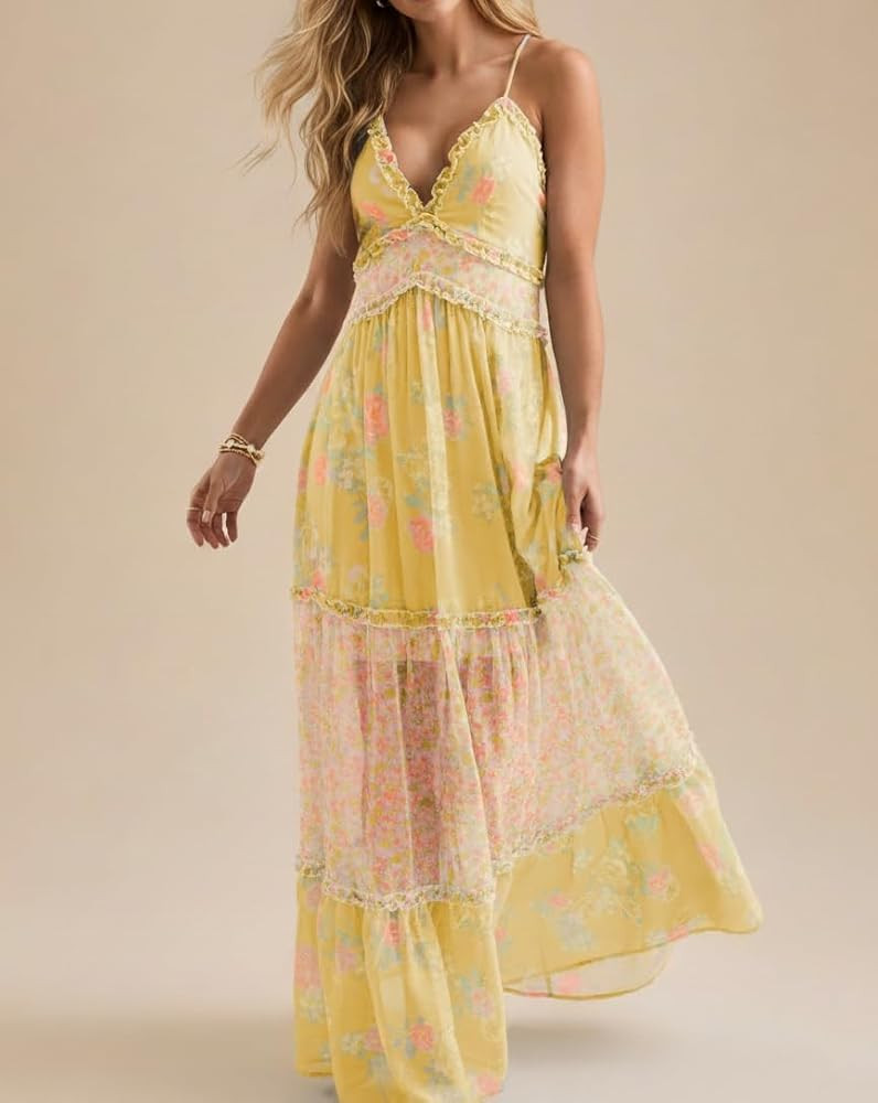 Women Spaghetti Strap Tie Shoulder Floral Maxi Dress Y2k Lace Trim Ruffle Long Dress Summer Boho Flowy Sundress | Amazon (US)