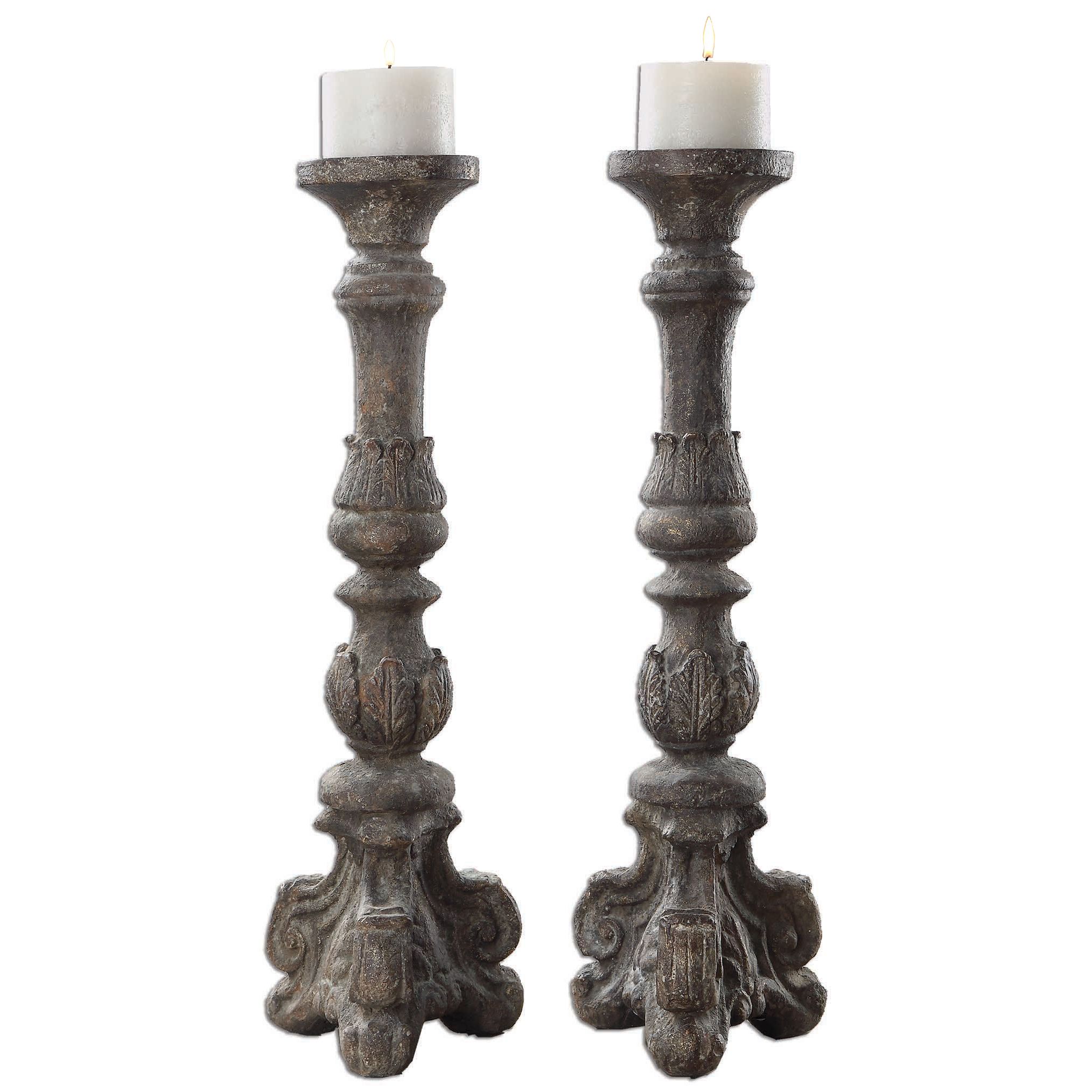 Bastia French Country Antique Grey Candle Stick - Set of 2 | Kathy Kuo Home