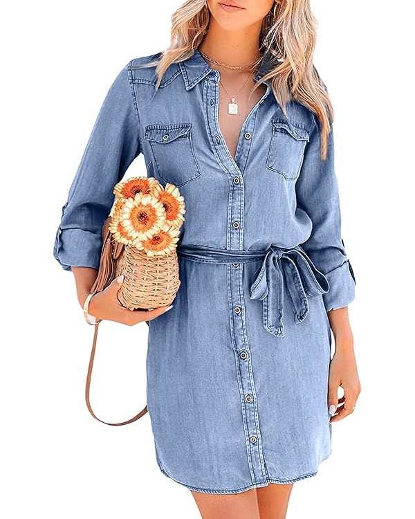 utcoco Women's Casual Button Down Jean Shirt Dress Long Sleeve Tie Waist Lightweight Denim Shirt ... | Amazon (US)