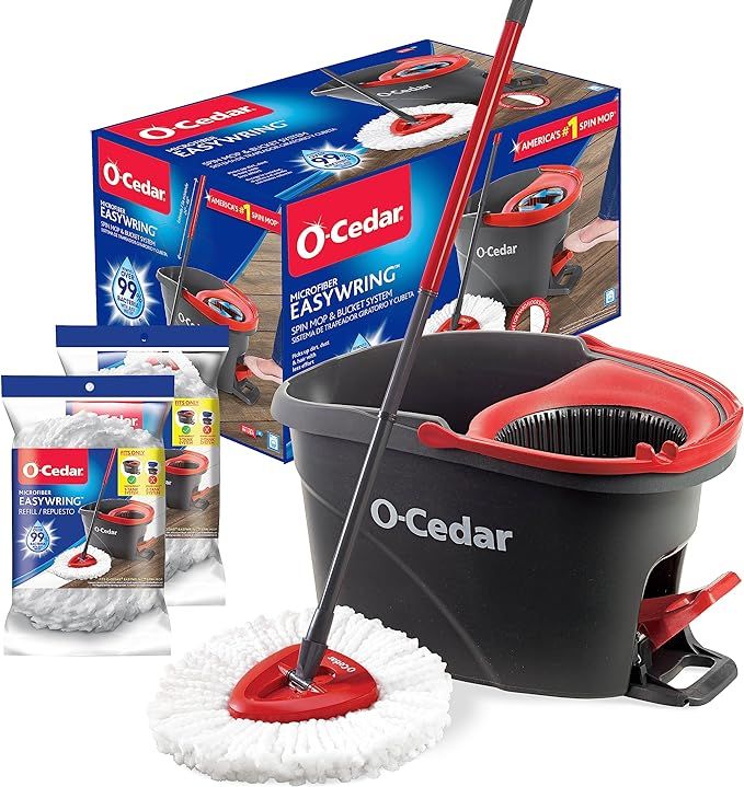 O-Cedar EasyWring Microfiber Spin Mop & Bucket Floor Cleaning System + 2 Extra Refills, Red/Gray | Amazon (US)