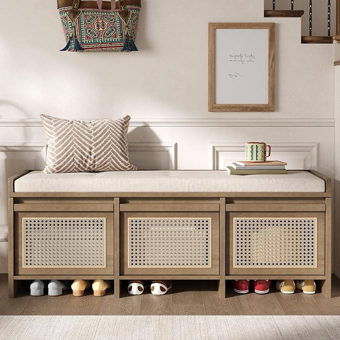 SOFTSEA 48" Shoe Storage Bench with Cushion, 2-Tier Entryway Bench with 3 Rattan Storage Drawers ... | Amazon (US)