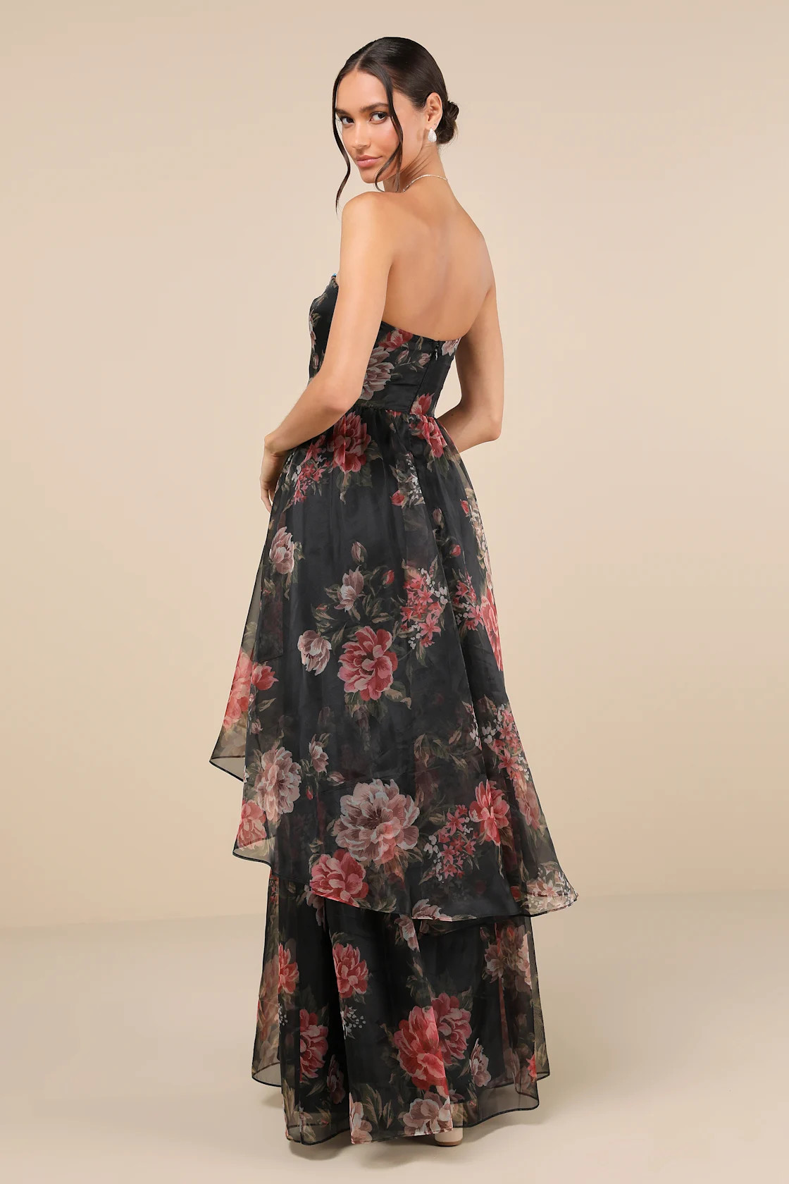 Truly Extraordinary Black Floral Organza Strapless Maxi Dress | Lulus