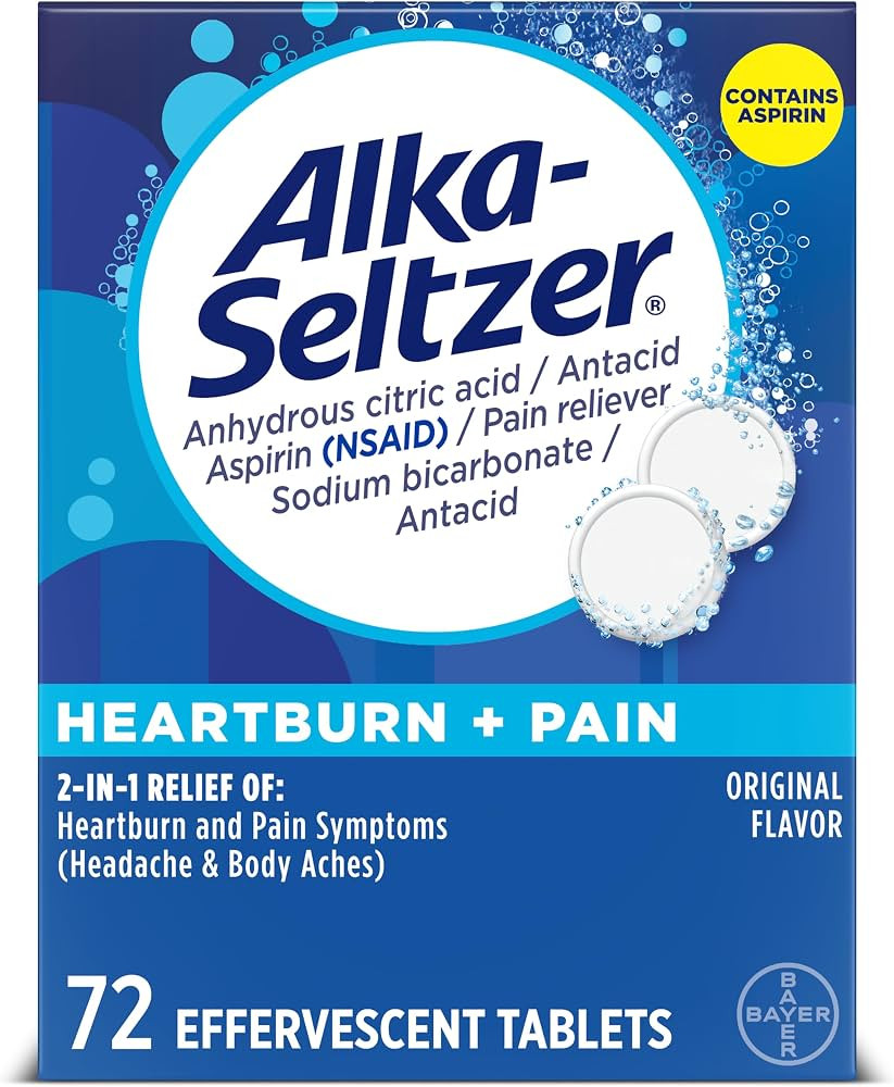 Alka-Seltzer Heartburn + Pain Effervescent Aspirin + Antacid Tablets, 72 ct | Amazon (US)