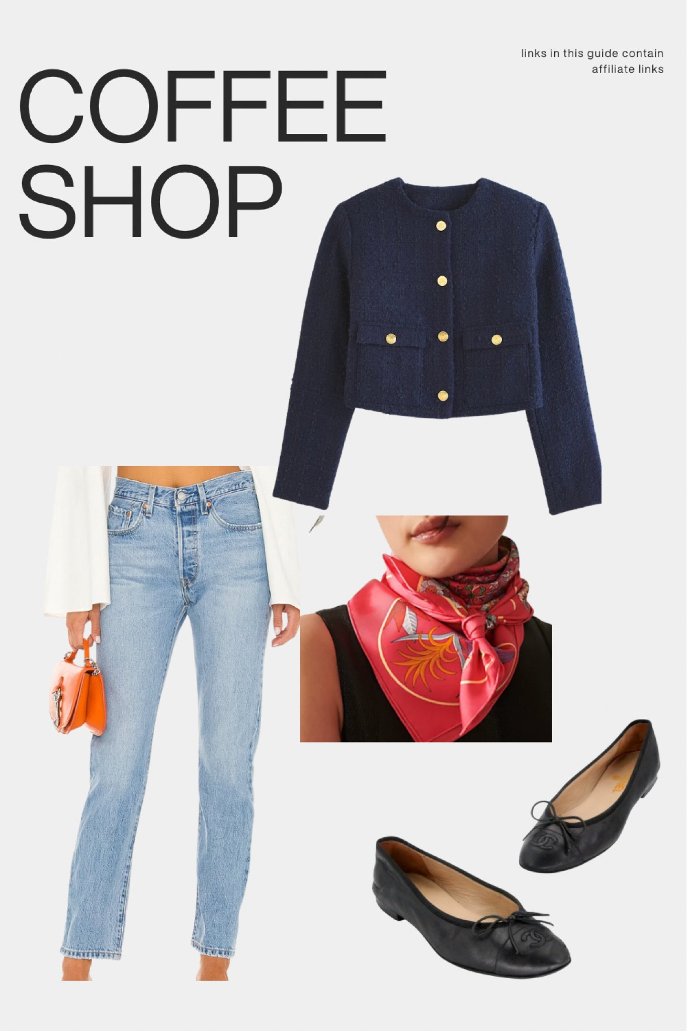 Fall capsule, fall outfit, coffee shop outfit, jeans, tweed jacket, Hermes scarf, Chanel flats, black flats, casual style, classic style, ballet flats, basics, jeans outfit