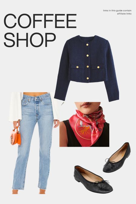 Fall capsule, fall outfit, coffee shop outfit, jeans, tweed jacket, Hermes scarf, Chanel flats, black flats, casual style, classic style, ballet flats, basics, jeans outfit