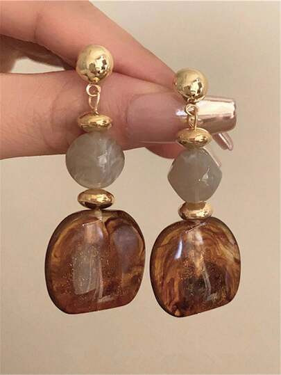 1 Pair Vintage Asymmetrical Tie Dye Acrylic Long Pendant Earrings For Women, European And America... | SHEIN