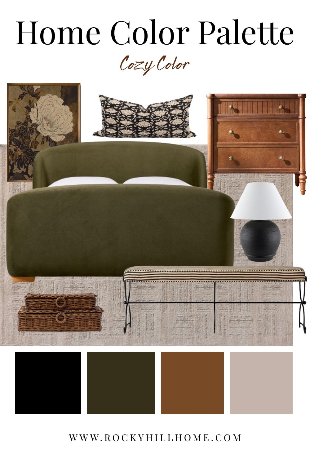 Cozy color palette for the home: modern traditional furniture, olive green bed, black lamp, striped bench, and warm wood accents.

affordable nightstands | neutral rug | black and white lumbar pillow | vintage Japanese art | woven boxes

#LTKHome #LTKStyleTip