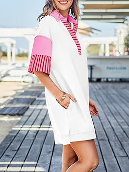 Wenrine Women's Polo V Neck T Shirt Dress Casual Summer Oversized Color Block Short Sleeve Sweats... | Amazon (US)