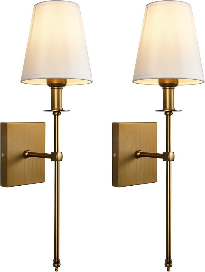 Passica Decor Modern Antique Brass Wall Sconce Set of Two, with Vertical Rod and White Fabric Fla... | Amazon (US)