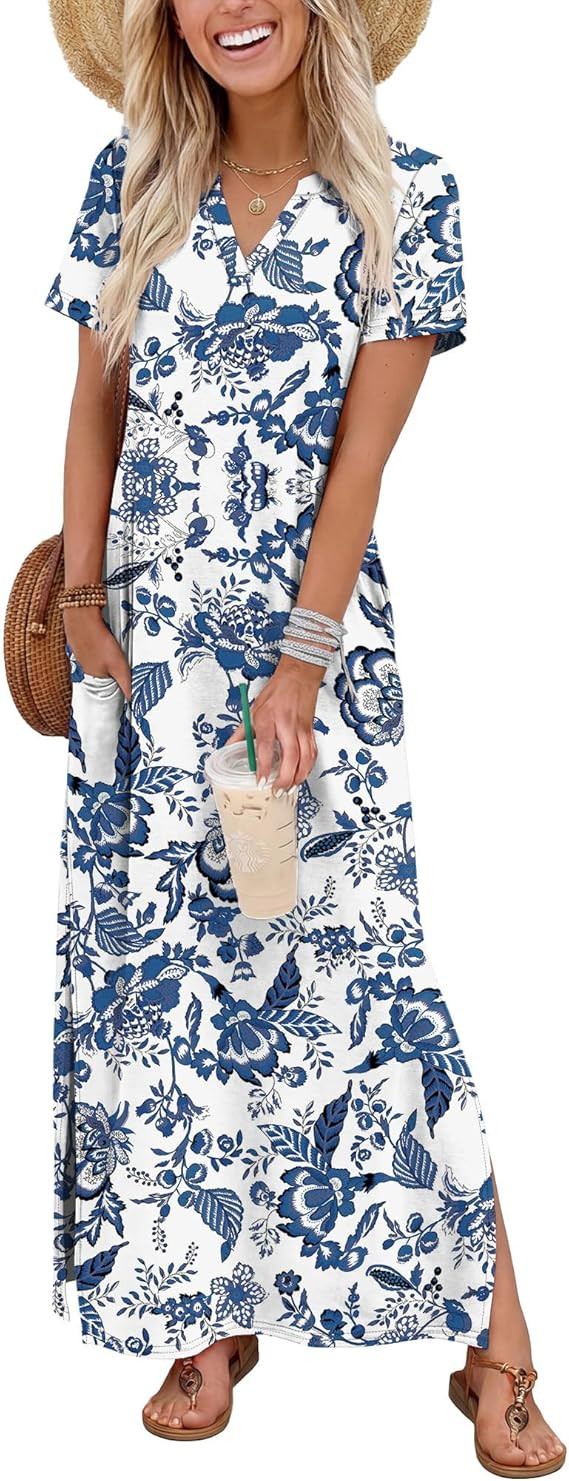 OFEEFAN Summer Dresses for Women 2026 Maxi Dress Short Sleeve Sundresses with Pockets Beach Vacat... | Amazon (US)