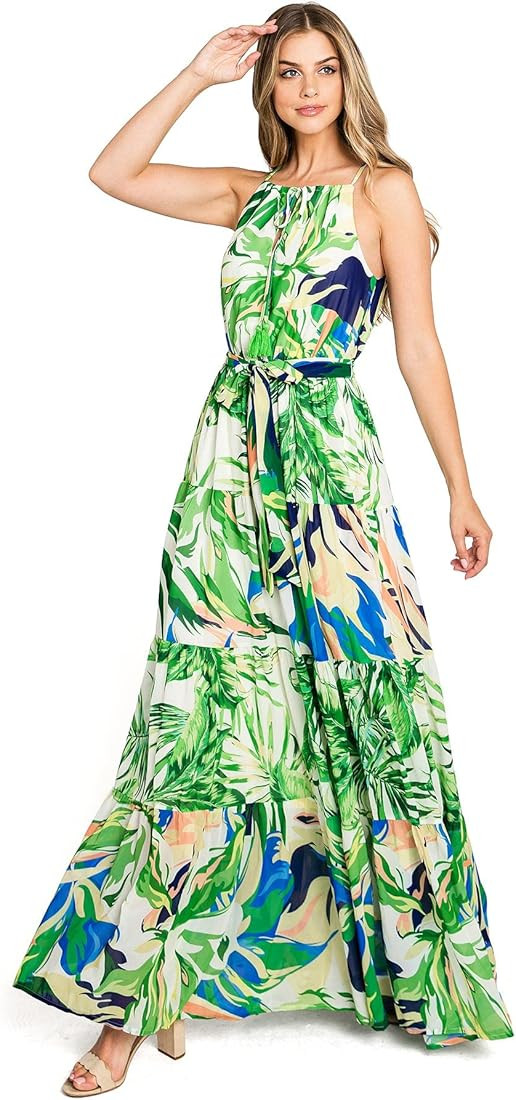 Flying Tomato Women's Lush Tropical Vacation Halter Maxi Dress | Amazon (US)