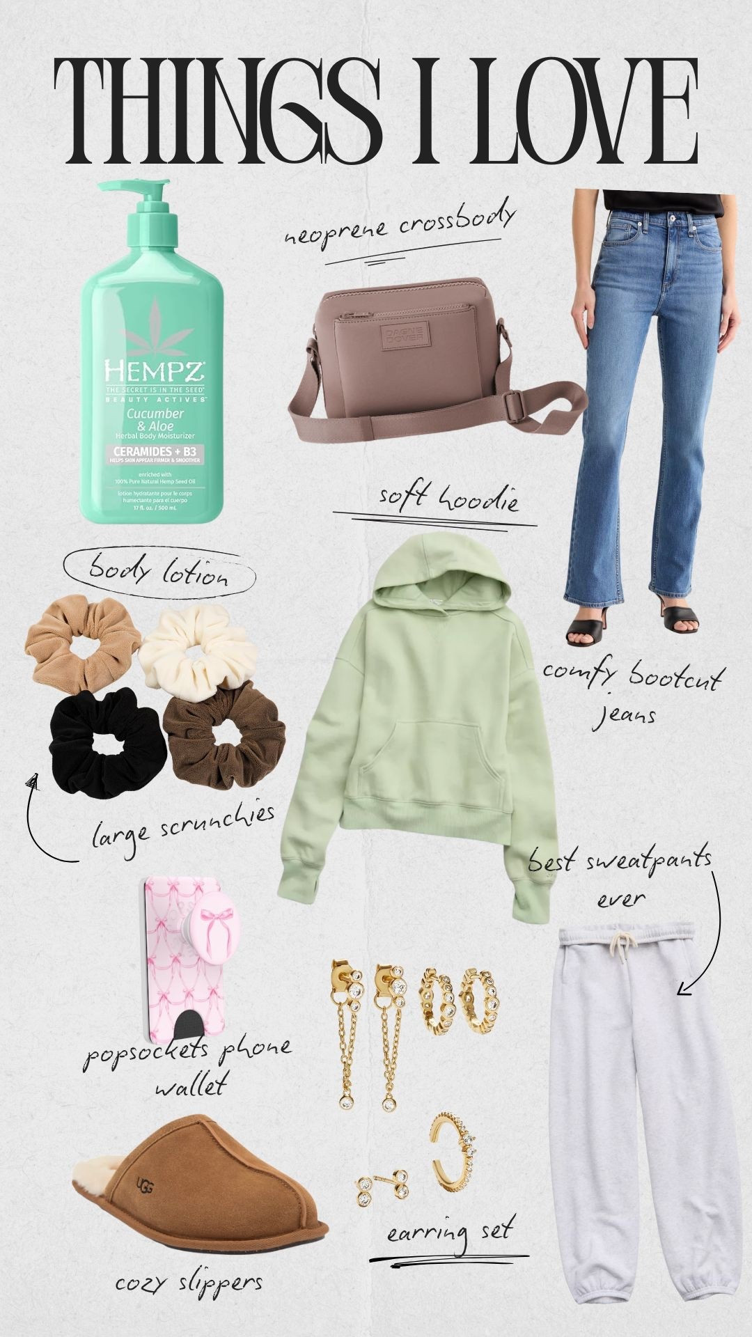 Everything I bought and love. I wear the offline hoodie and sweatpants twice a week. The dagne rover neoprene bag is super functional and cute. The hempz lotion smells sooooo good and fresh and isn’t greasy. I’m wearing the ugg slippers right this very moment. Baublebar earrings are my fave. And those jeans are such a great deal at Nordstrom rack. I’m so glad I found them. 

Plus the large scrunchies really perk up ky fine hair, and the bow Popsocket wallet is the perfect accessory for my iPhone  

#LTKselfcare #LTKU
