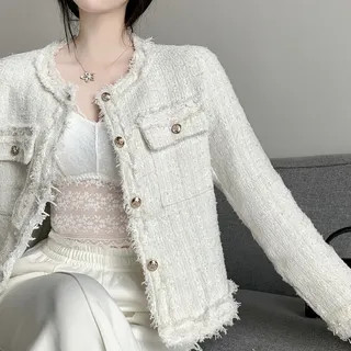 Round Neck Single Breasted Tweed Blazer | YesStyle Global