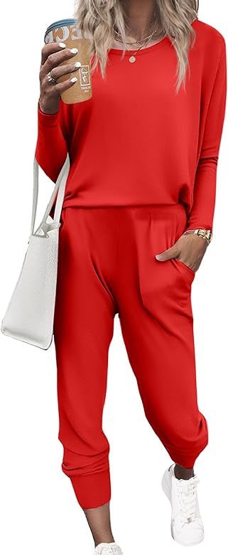 Ekouaer Women's Pajama Sets Casual 2Pcs Lounge Sets Long Sleeve Pullover Tops Long Joggers Pants ... | Amazon (US)