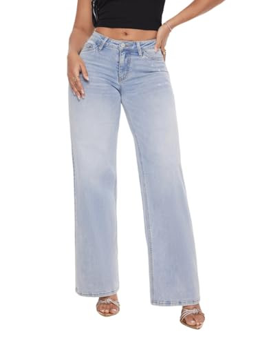 ONESO Wide Leg for Women Mid Low Rise Baggy Jeans Distressed Pants Stretchy Bottom Lady Basic Comfortable Denim (US, Numeric, 27, Regular, Regular, Light Blue) | Amazon (US)