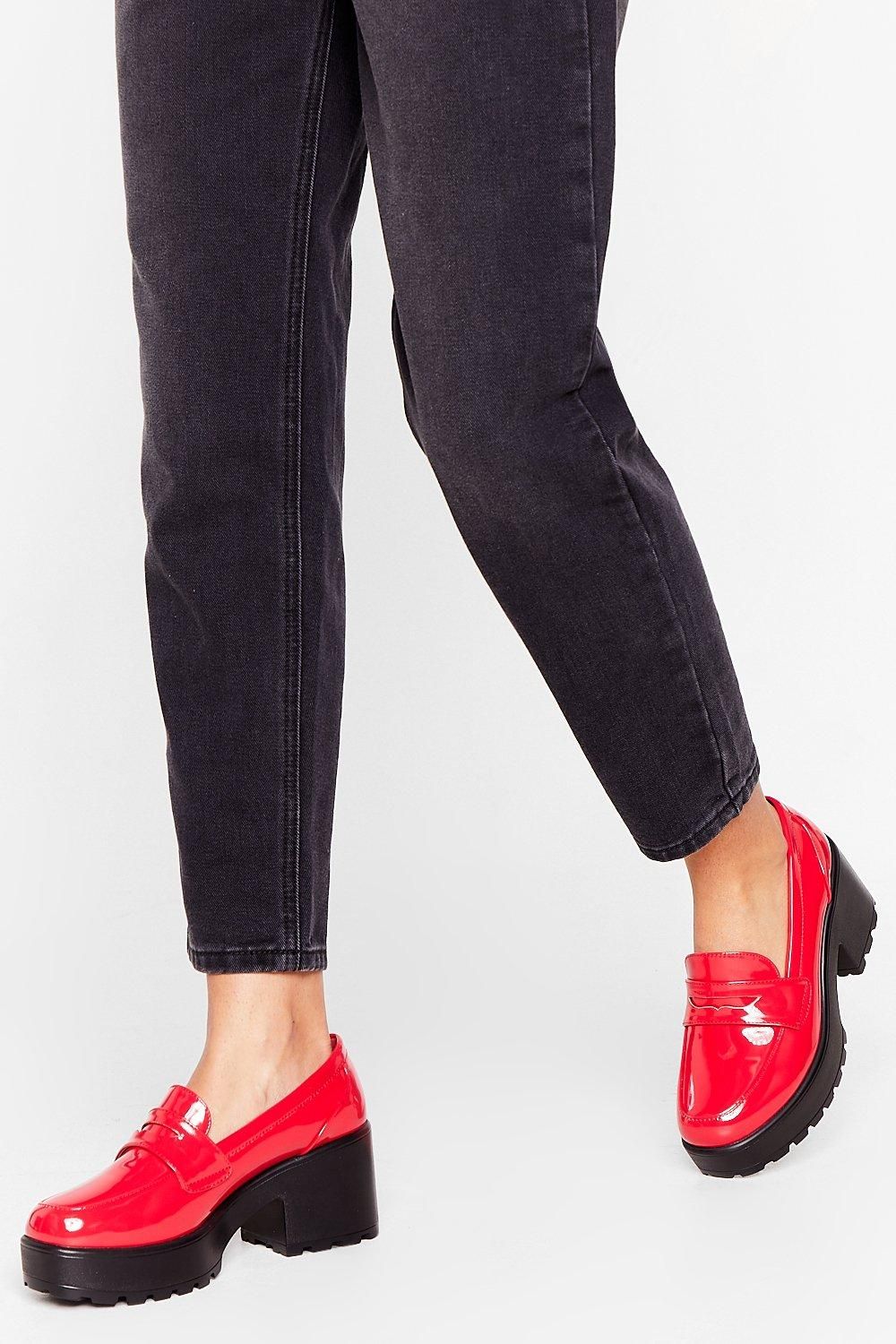 Patent Faux Leather Cleated Heeled Loafers | NastyGal (UK, IE)
