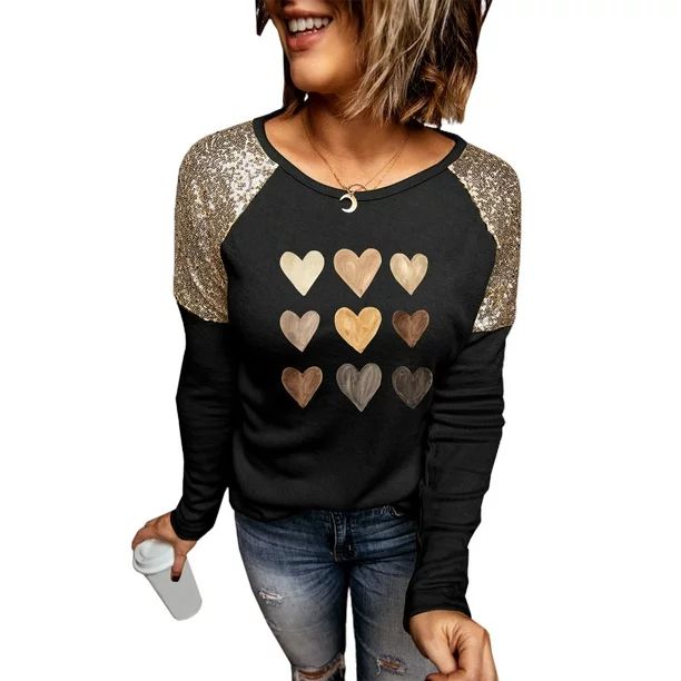 FARYSAYS Women Valentine's Day Casual Long Sleeve Crewneck Sequin T-Shirts Tops Love Heart Print | Walmart (US)