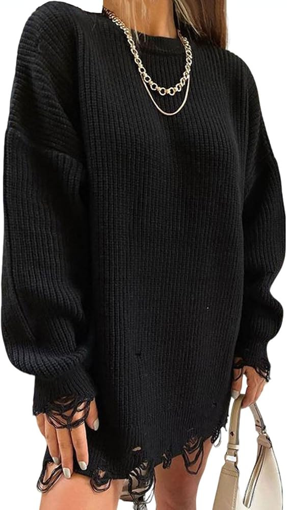 utcoco Women's Oversized Ribbed Knit Mini Dress Distressed Hole Long Sleeve Pullover Sweater | Amazon (CA)