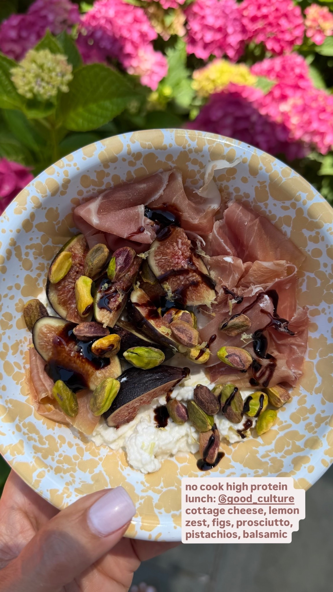 no cook high protein lunch: @good_culture cottage cheese, lemon zest, figs, prosciutto, pistachios, balsamic